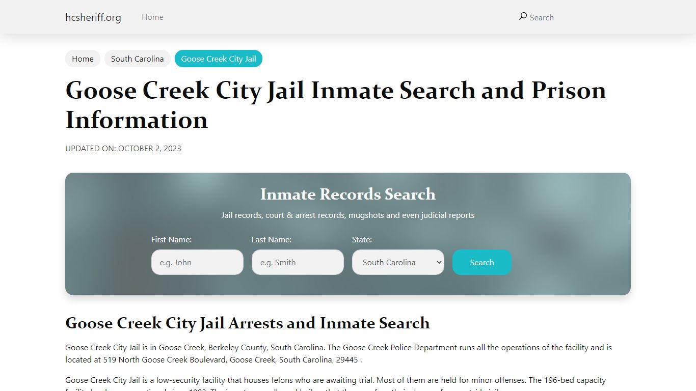 Goose Creek City Jail Inmate Search and Prison Information