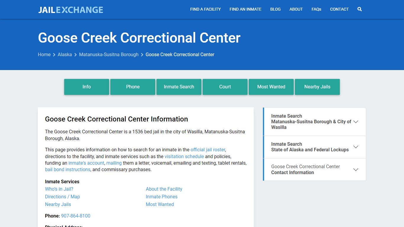 Goose Creek Correctional Center, AK Inmate Search, Information